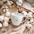 Zestaw 2 białych kubków porcelanowych 300 ml - napisy kocham cię i ja ciebie też z motywem złotego serca na walentynki dla pary Biały zestaw ze złotym sercem Nadzwyczajnie.pl kubków 300 ml - Kocham cie Ja ciebie Też — porcelana premium 300 ml