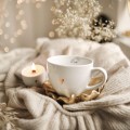 Biały kubek porcelanowy 500 ml - grafika trzech małych piesków na urodziny dla miłośników psów Kubek porcelanowy ze złotym zdobieniem Trzy małe pieski Nadzwyczajnie.pl — widok z boku na białym tle